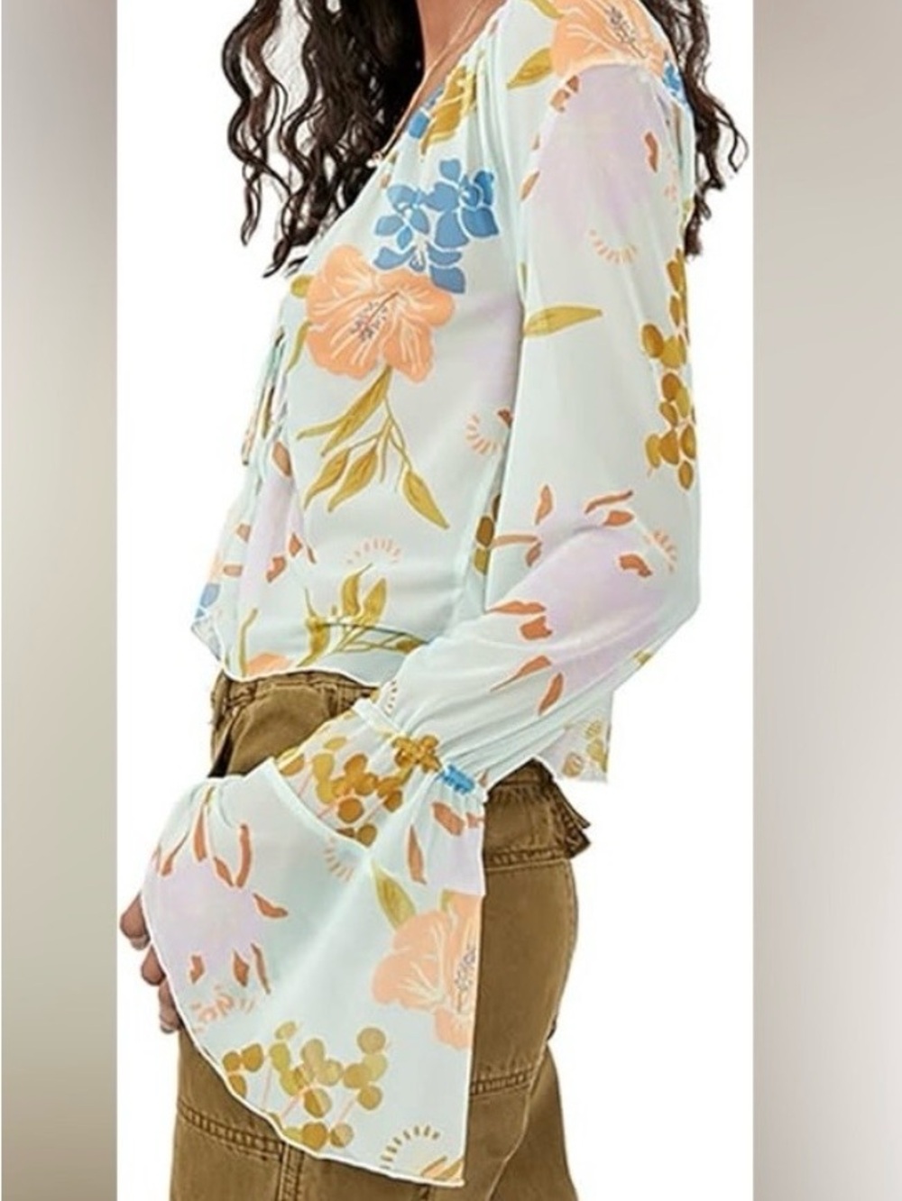 Free People Mint Floral Tie-Front V-Neck Blouse